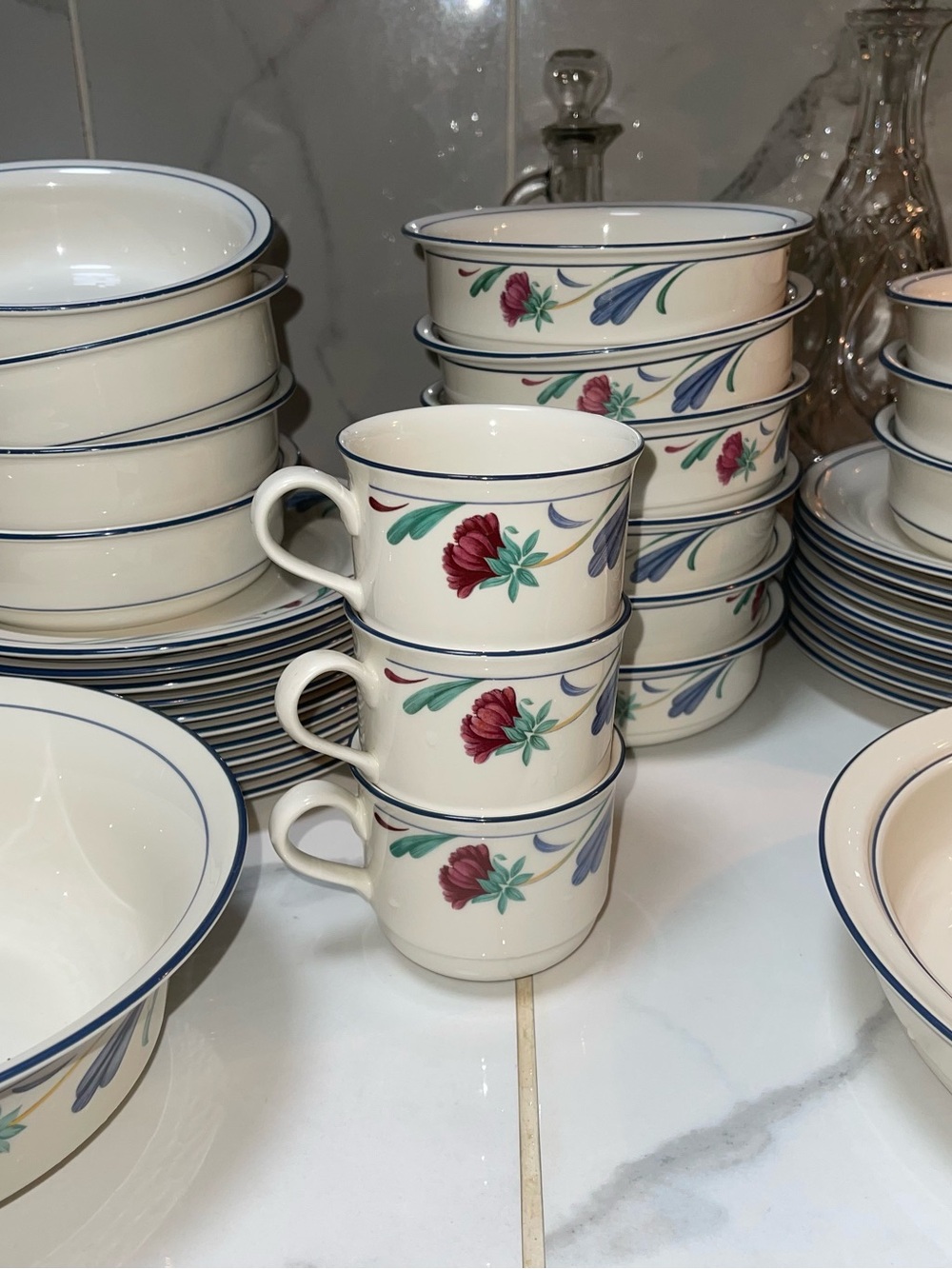 Lenox Cream Floral Bone China Cups with Red & Blue Accents